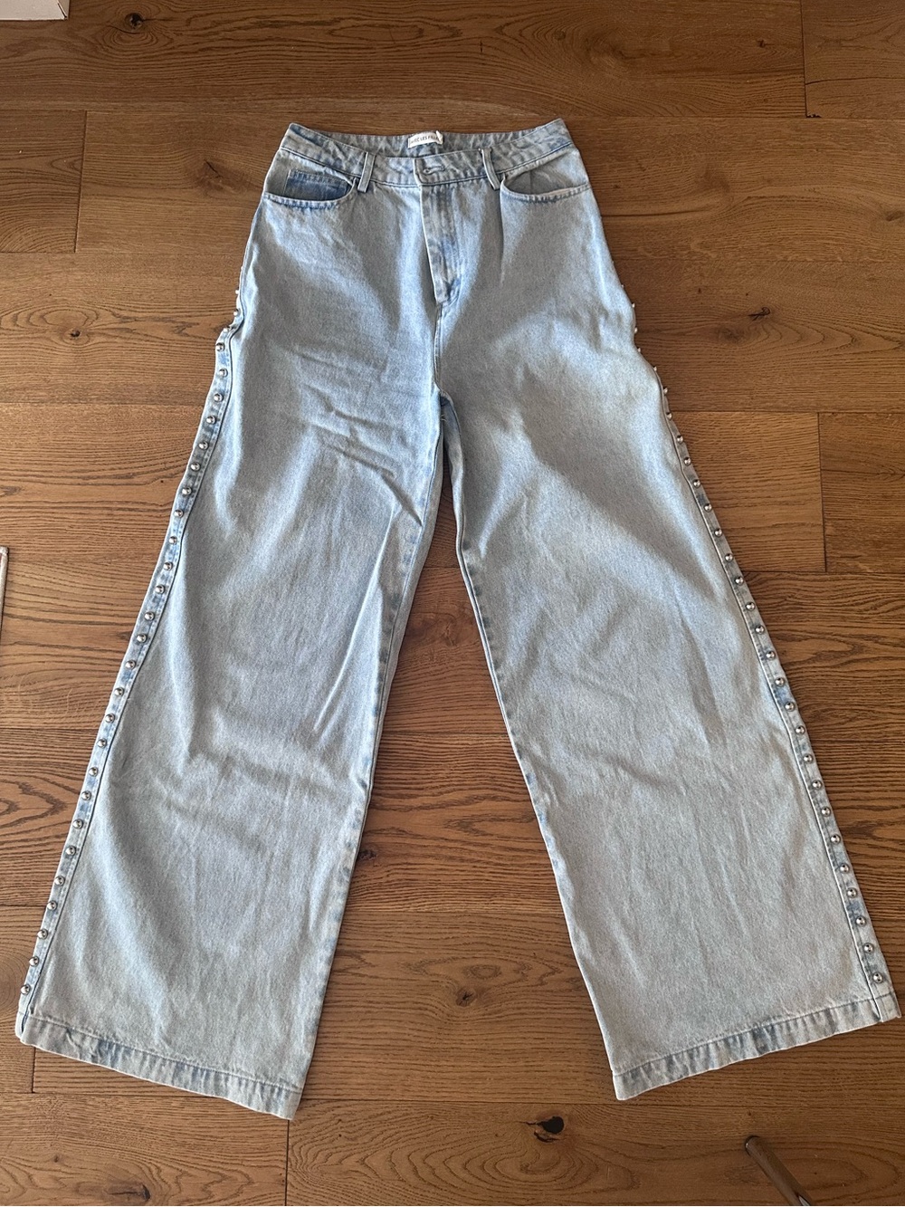 Aves Les Filles Light Wash, High Rise Studded Denim